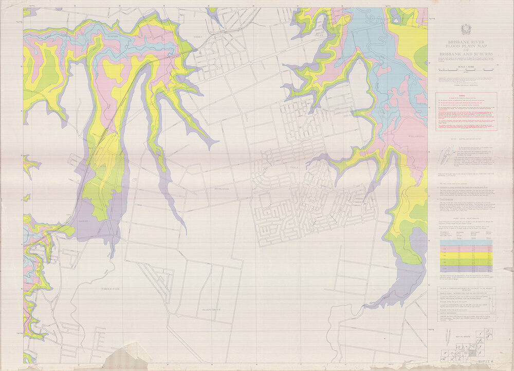  Brisbane River flood plain map of Brisbane and suburbs: map showing areas likely to be inundated by Brisbane River floods rising to various heights on the Brisbane City gauge and showing the probable frequency of such flooding