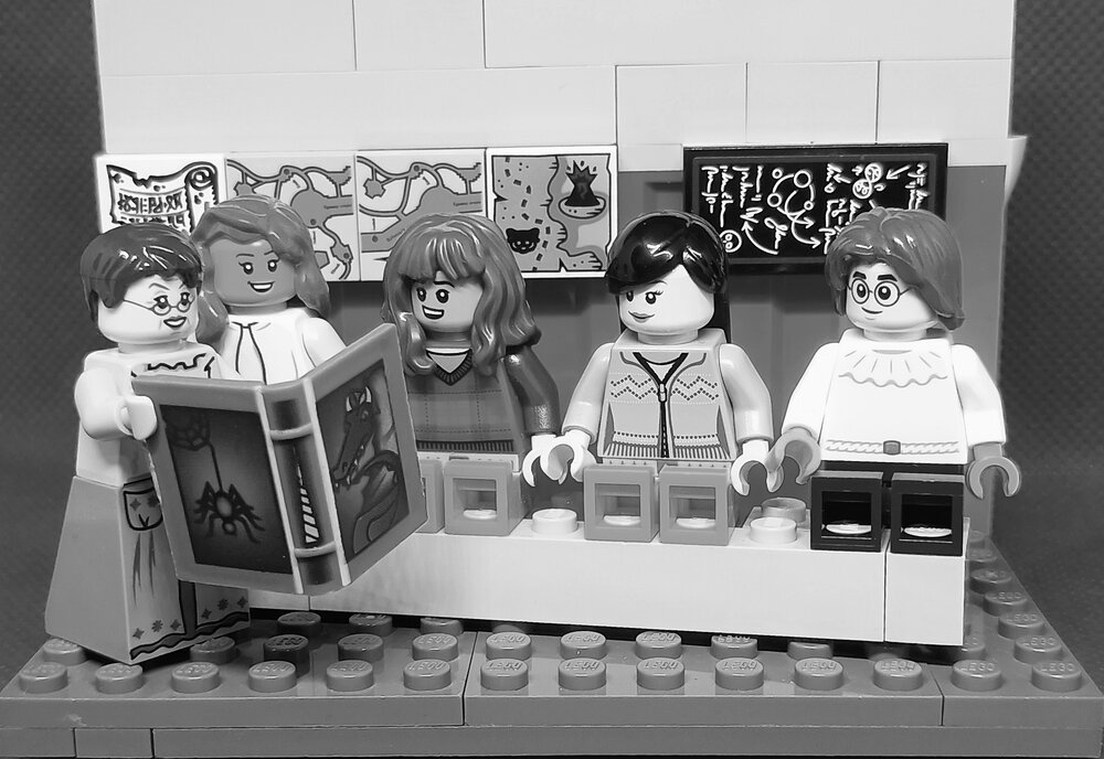 Brickswich version of Four unidentified female Ipswich State High School students with a teacher in a classroom, Brassall, Ipswich, February 1978