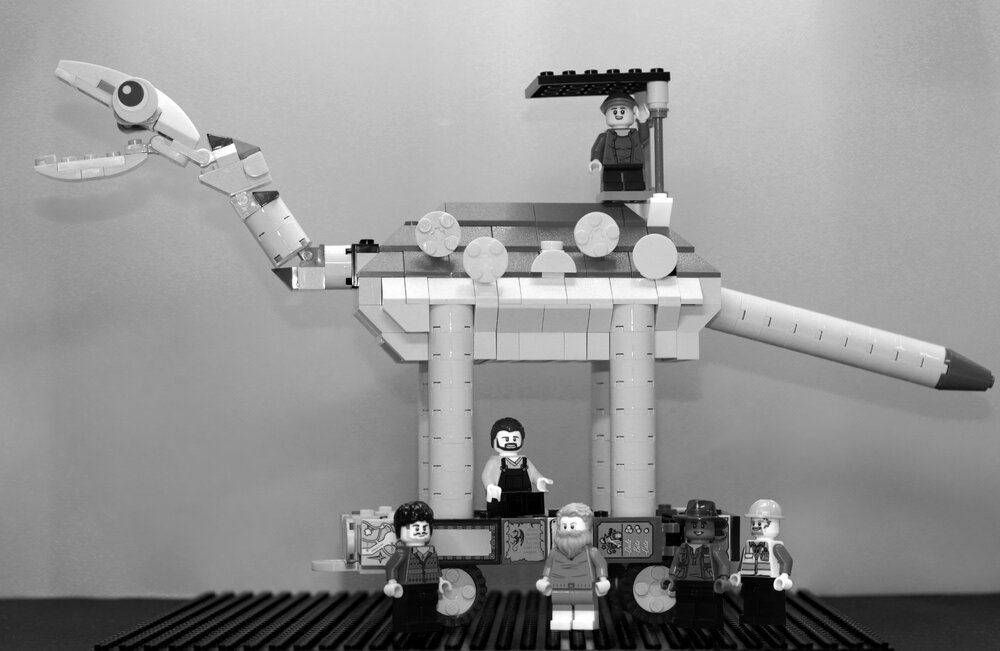 Brickswich version of Bronto the Brontosaurus parade float being prepared for a national festival tour by the Ipswich Beardies, Ipswich, March 1978