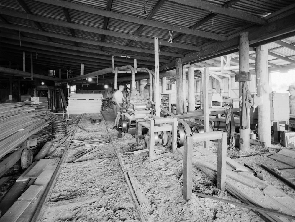 Hancock Brothers' Sawmill, interior images, North Ipswich, 1950s