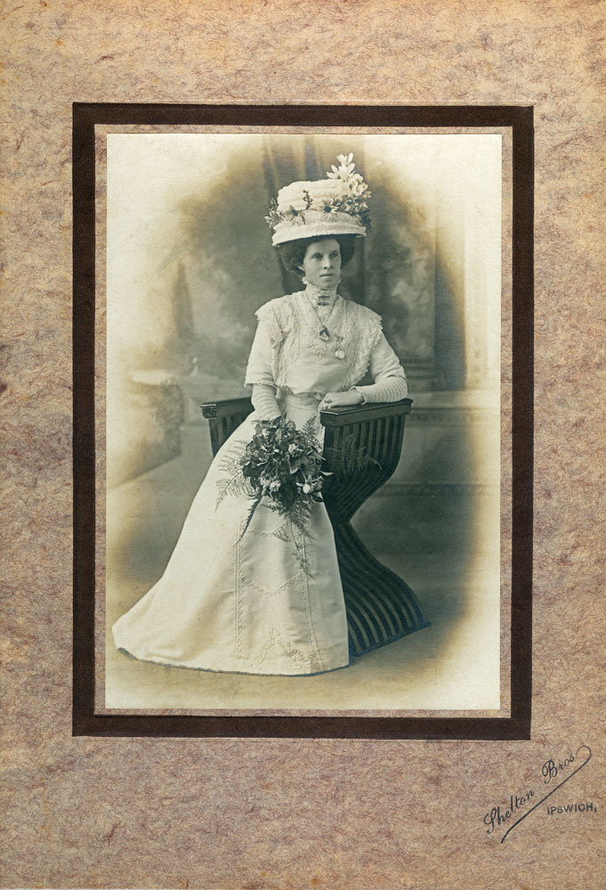 Eliza Noble, thought to be in a bridesmaid's dress, Ipswich, c.1910