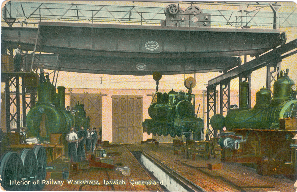 Interior of Railway Workshops, postcard, Ipswich, 1911