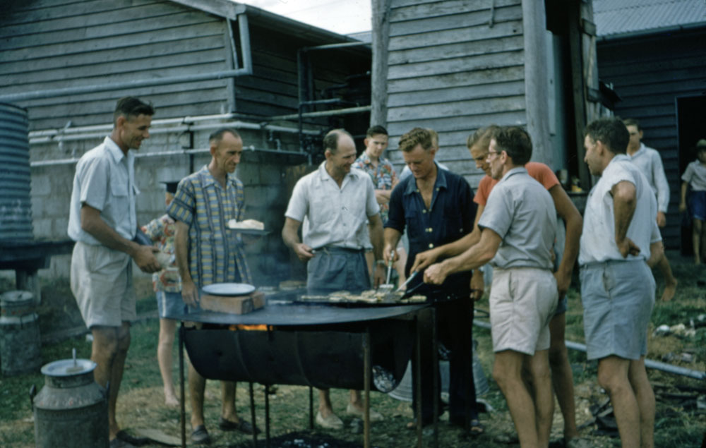 Group of men supporting the strikers at the Caledonian Mine during the 'staydown' strike, Thagoona, Ipswich, 1958