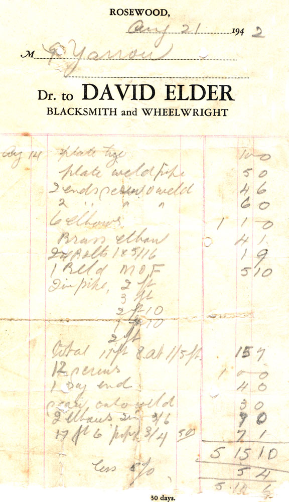 Invoice from David Elder, Blacksmith and Wheelwright, Rosewood, Ipswich, 1942