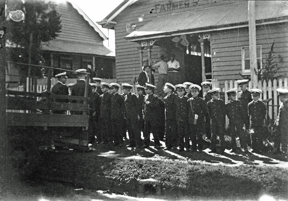 Unidentified boys' band in front of Farmers' Hall, Rosewood, Ipswich, early 1950s