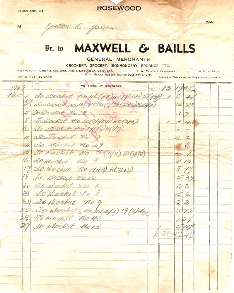 Invoice from Maxwell &amp; Bails, general merchants, Rosewood, Ipswich, 1945