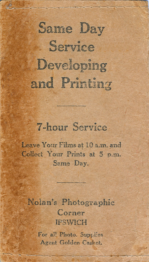 Folder used for housing photograph prints from Gerald Nolan, chemist, Ipswich, early 1950s