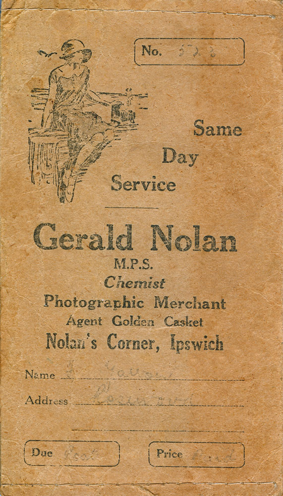 Folder used for housing photograph prints from Gerald Nolan, Chemist, Ipswich, 1950s