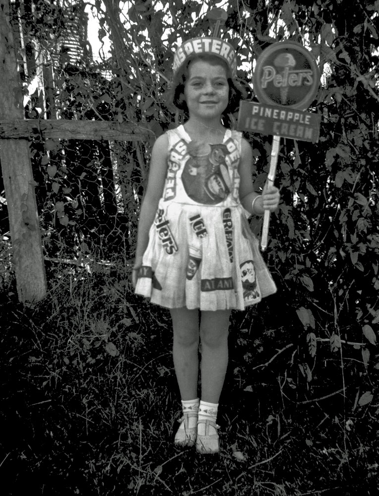 Young girl in Peter's Ice Cream costume, Rosewood, Ipswich, c.1948