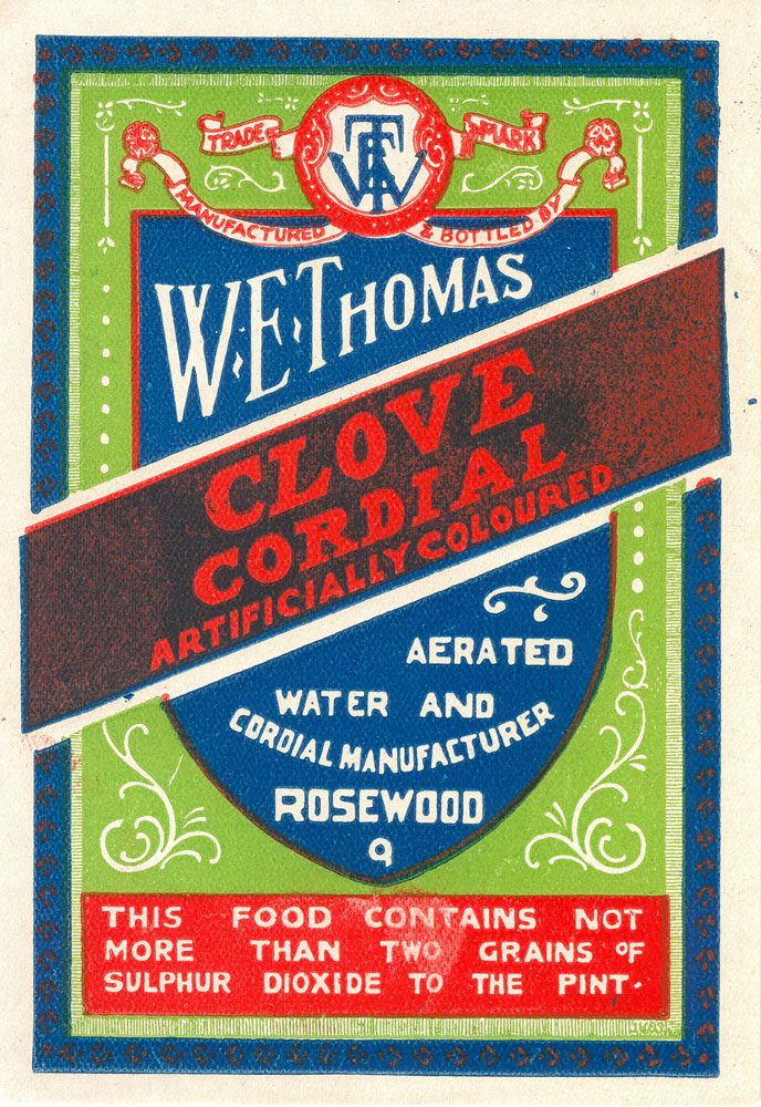 Label from clove cordial manufactured by W.E. Thomas, Rosewood, Ipswich, c.1923