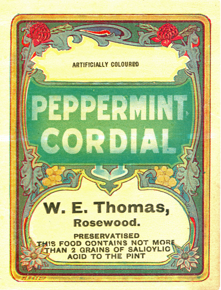Label from peppermint cordial manufactured by W.E. Thomas, Rosewood, Ipswich,  c.1923