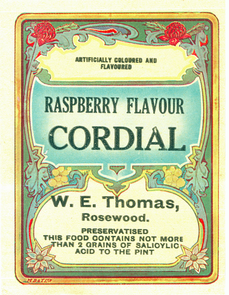 Label from raspberry flavour cordial manufactured by W.E. Thomas, Rosewood, Ipswich, c.1923