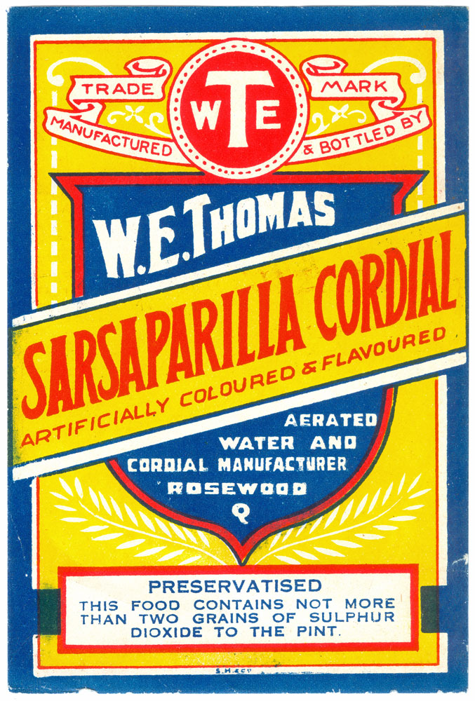 Label from sarsaparilla cordial manufactured by W.E. Thomas, Rosewood, Ipswich, ca. 1923
