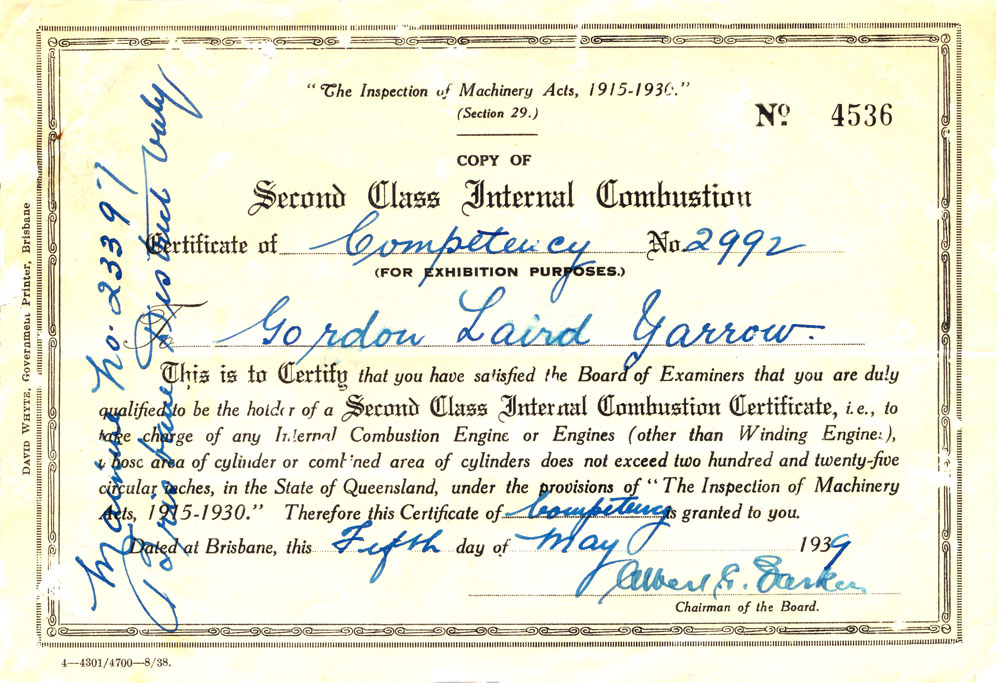 Certificate of Competency to hold a Second Class Internal Combustion Certificate, Brisbane, 1939
