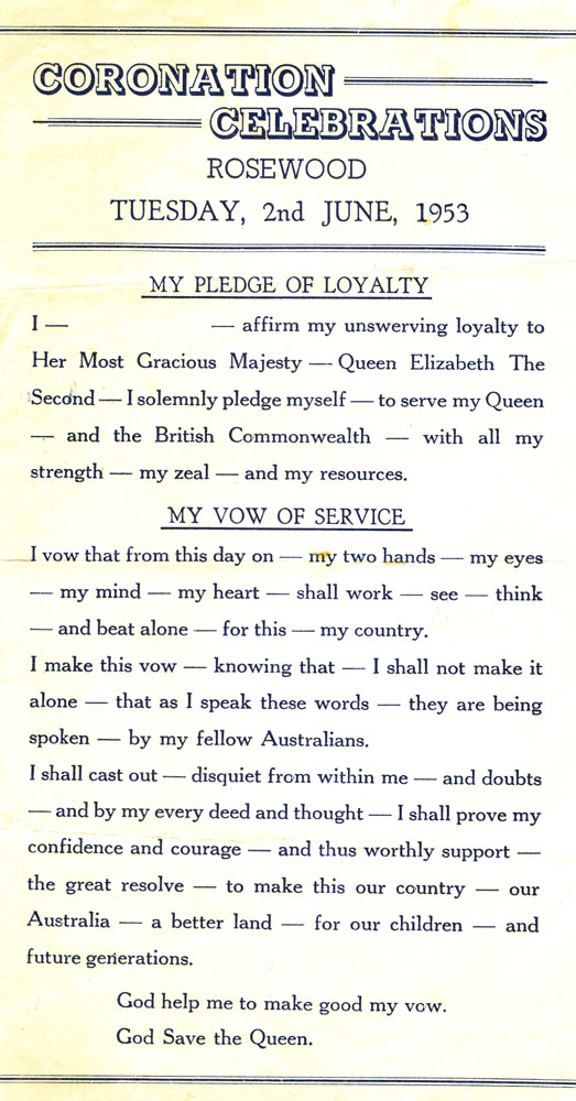 Coronation celebrations  'Pledge of Loyalty' certificate, Rosewood, Ipswich, 1953