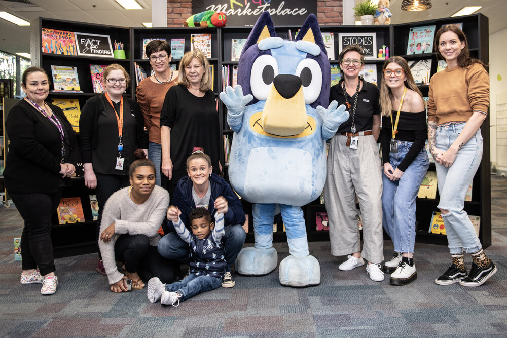 Bluey at the Ipswich Children's Library, Ipswich, 2021