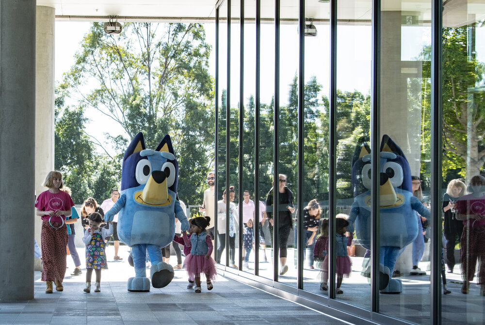 Bluey and friends outside the Ipswich Children's Library, Tulmur Place, Ipswich, 2021