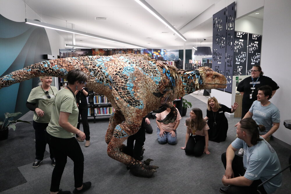 Dinosaur, part of the launch of the Ipswich Children's Library, visiting the Ipswich Central Library, 2021
