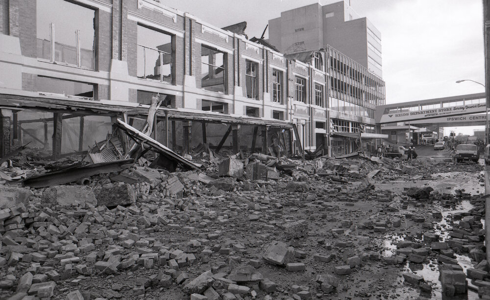Aftermath of the Reid's (Cribb &amp; Foote) fire, Bell Street, Ipswich, August 1985
