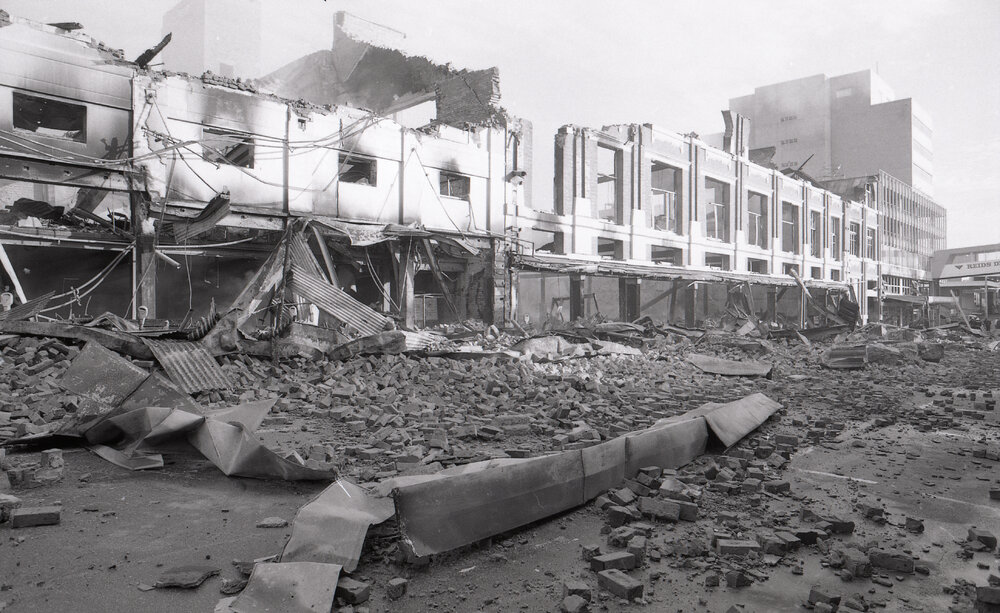 Aftermath of the Reid's (Cribb &amp; Foote) fire, Bell Street, Ipswich, August 1985
