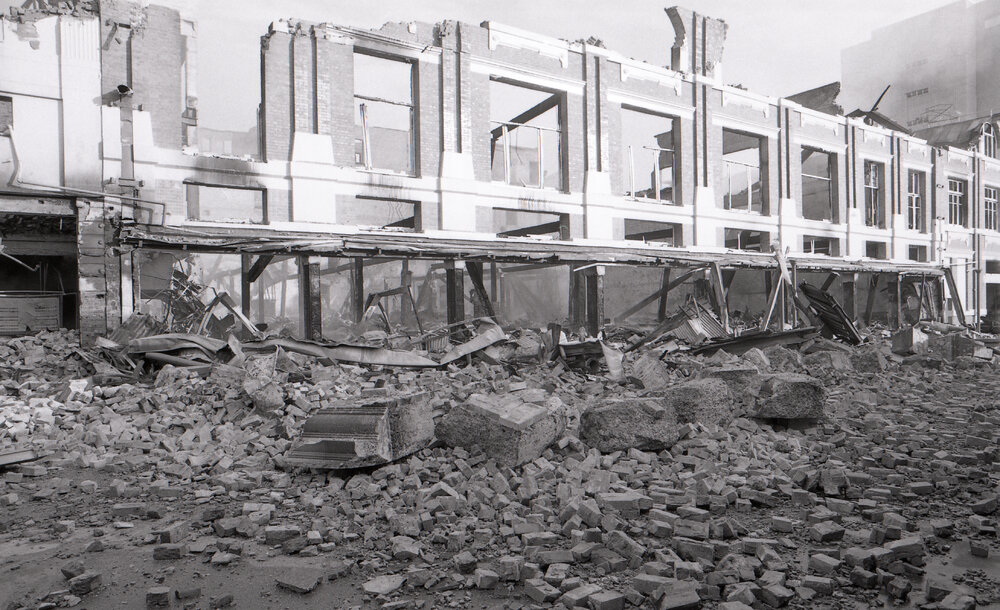 Aftermath of the Reid's (Cribb &amp; Foote) fire, Bell Street, Ipswich, August 1985