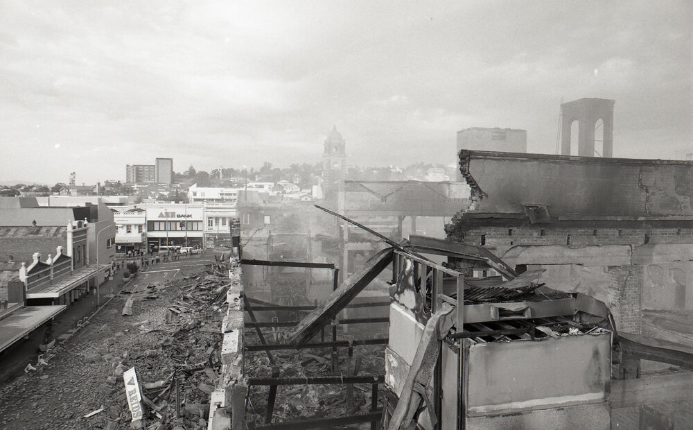 Aftermath of the Reid's (Cribb &amp; Foote) fire, Bell Street, Ipswich, August 1985