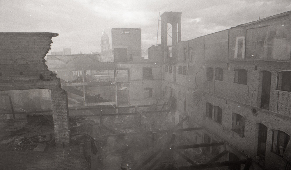 Aftermath of the Reid's (Cribb &amp; Foote) fire, Bell Street, Ipswich, August 1985