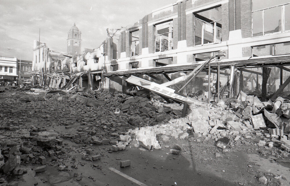 Aftermath of the Reid's (Cribb &amp; Foote) fire, Bell Street, Ipswich, August 1985