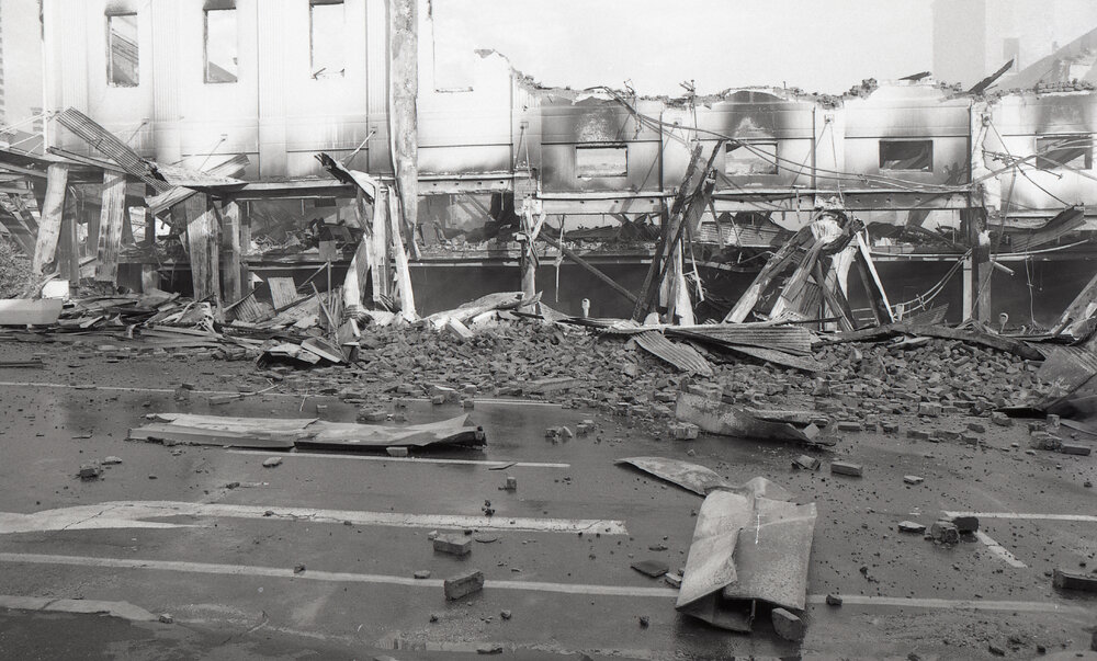 Aftermath of the Reid's (Cribb &amp; Foote) fire, Bell Street, Ipswich, August 1985