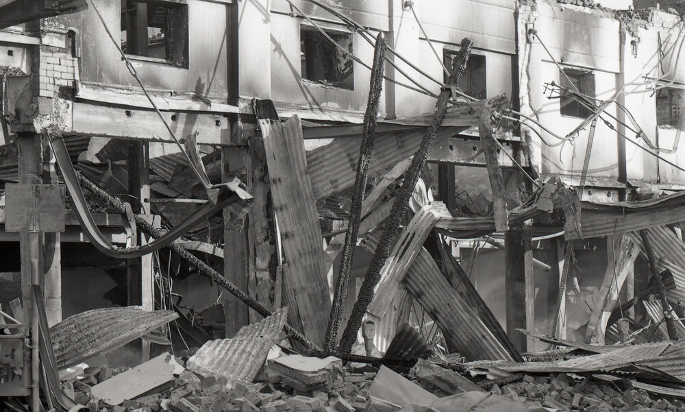Aftermath of the Reid's (Cribb &amp; Foote) fire, Bell Street, Ipswich, August 1985
