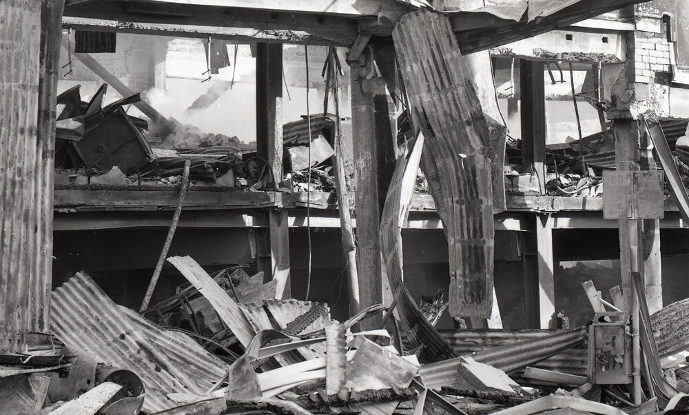 Aftermath of the Reid's (Cribb &amp; Foote) fire, Bell Street, Ipswich, August 1985