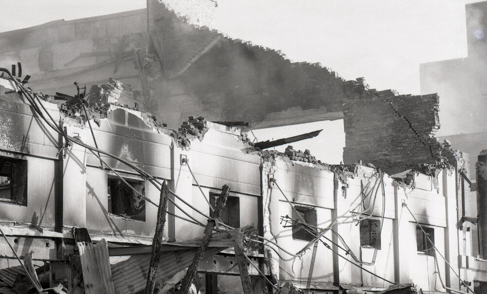 Aftermath of the Reid's (Cribb &amp; Foote) fire, Bell Street, Ipswich, August 1985