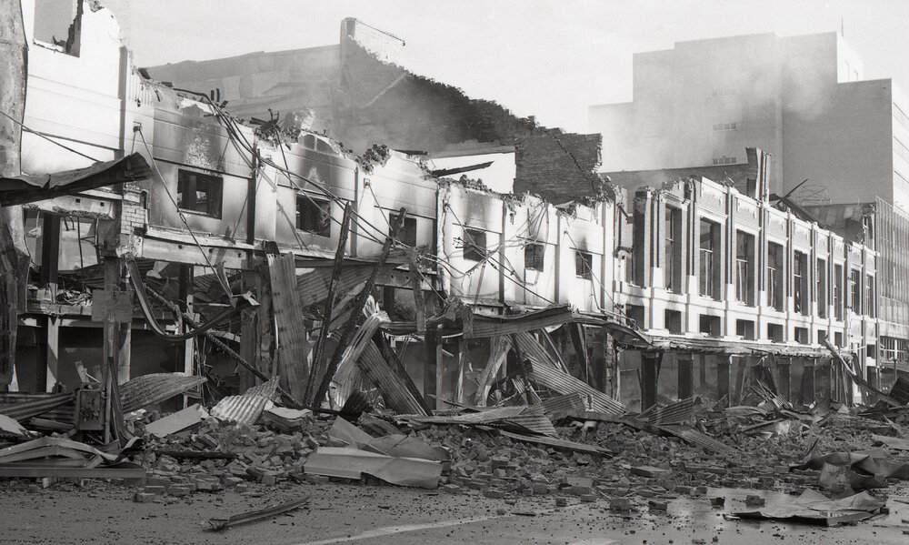 Aftermath of the Reid's (Cribb &amp; Foote) fire, Bell Street, Ipswich, August 1985