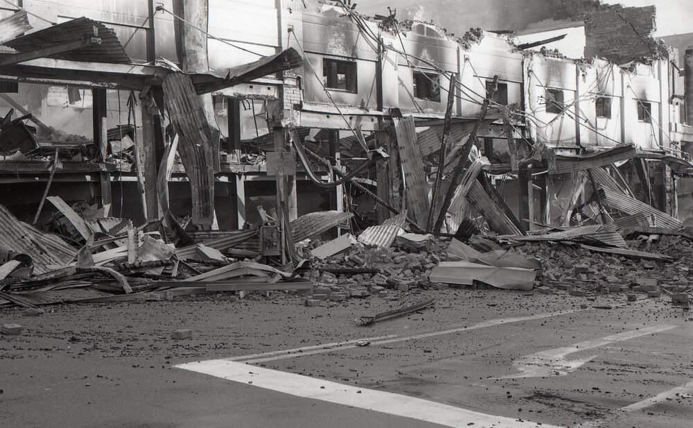 Aftermath of the Reid's (Cribb &amp; Foote) fire, Bell Street, Ipswich, August 1985