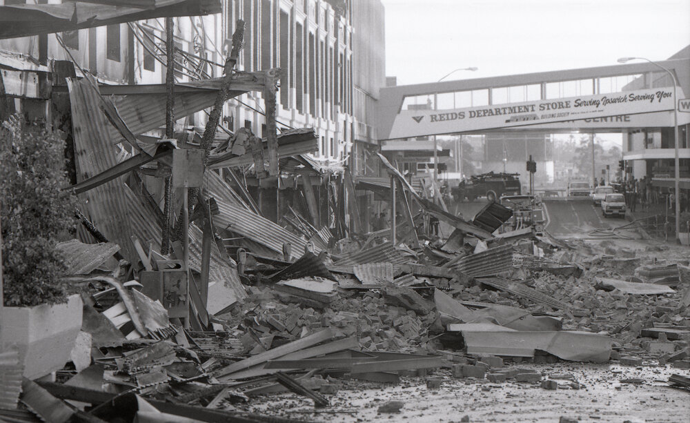 Aftermath of the Reid's (Cribb &amp; Foote) fire, Bell Street, Ipswich, August 1985