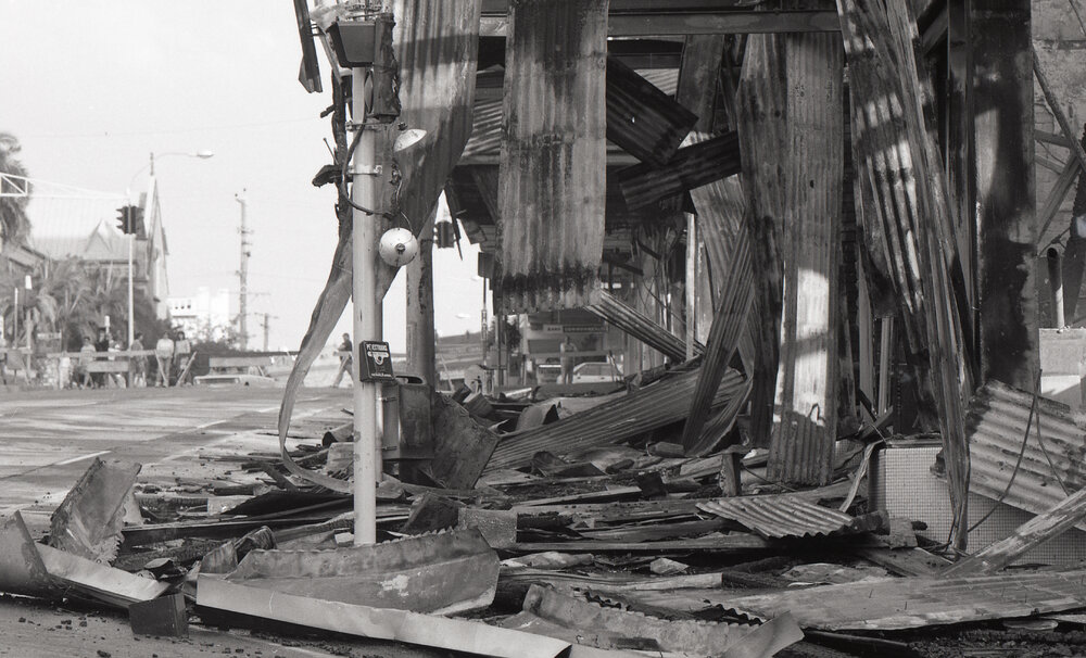 Aftermath of the Reid's (Cribb &amp; Foote) fire, corner of Brisbane and Bell Streets, Ipswich, August 1985