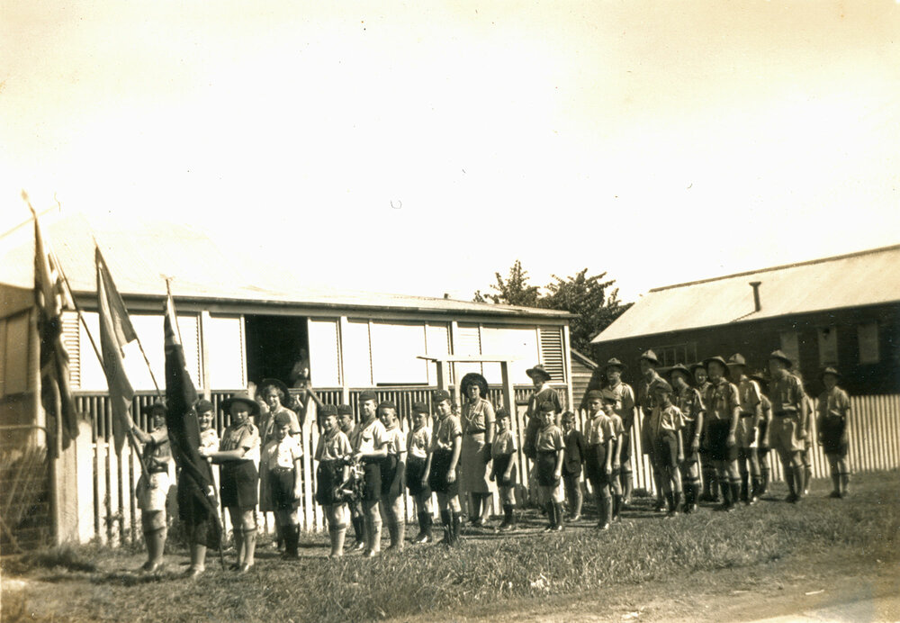 Boy scouts from 3rd Rosewood Scouts, preparing for ANZAC Day march, Rosewood, Ipswich, 1950
