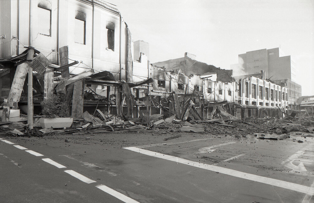 Aftermath of the Reid's (Cribb &amp; Foote) fire, corner of Brisbane and Bell Streets, Ipswich, August 1985