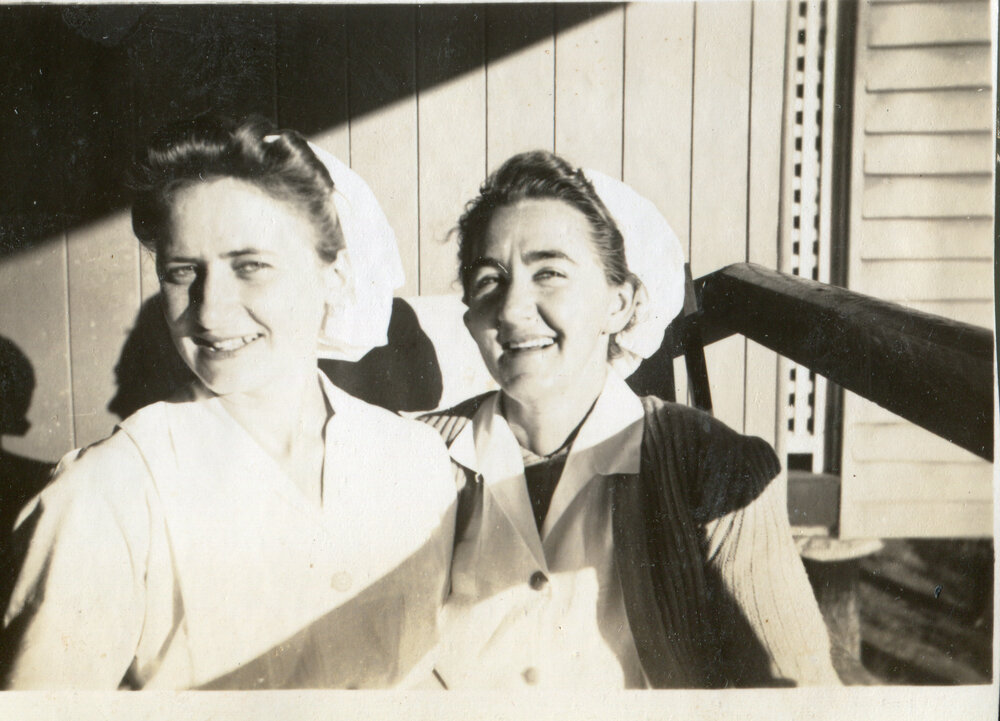 Nurses Milford and Newport verandah of wooden building, 1940s