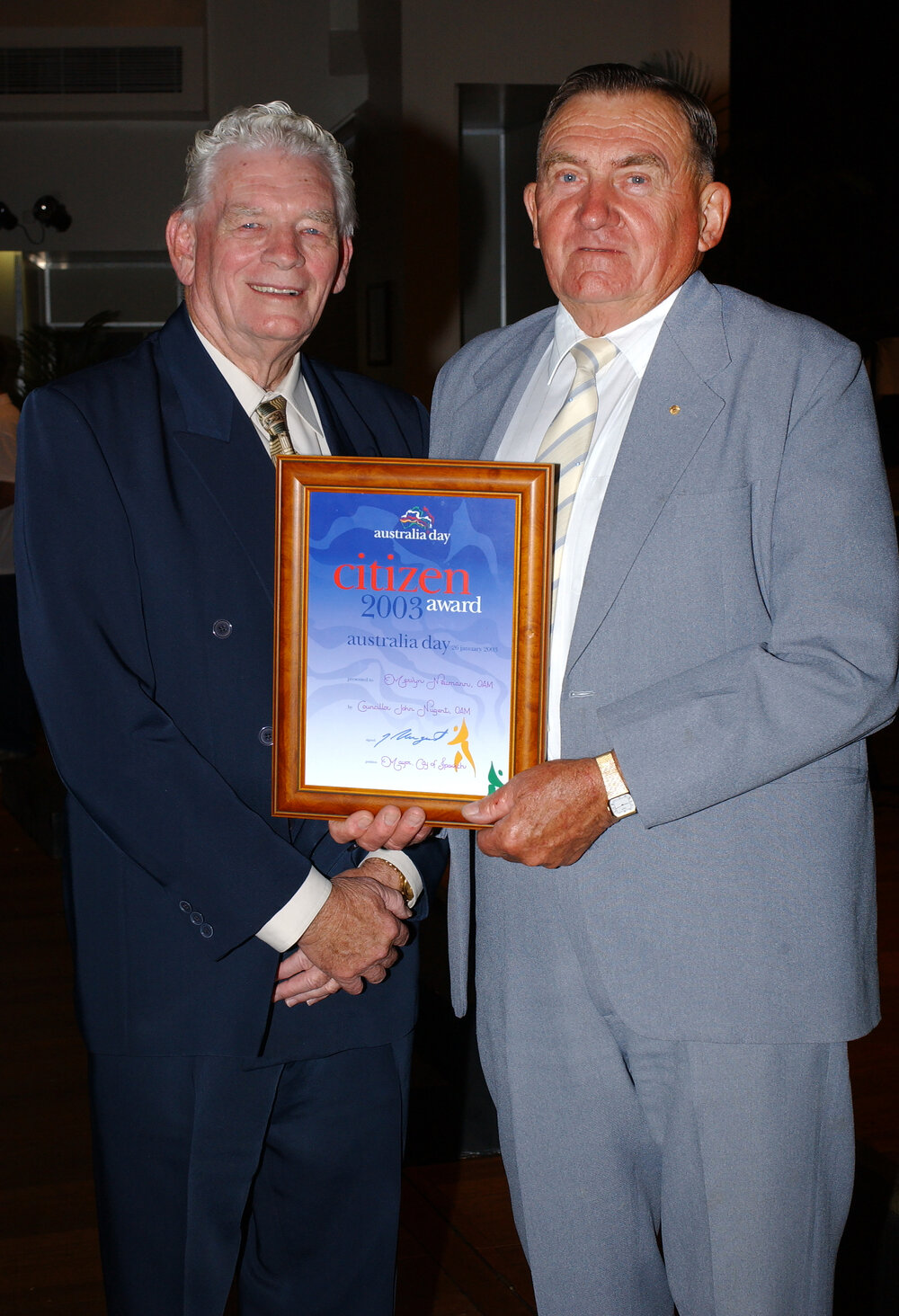 The Citizen Award, being presented to Mervyn Newmann by Mayor Nugent, Australia Day Awards, Ipswich Civic Centre, Ipswich, 2003 