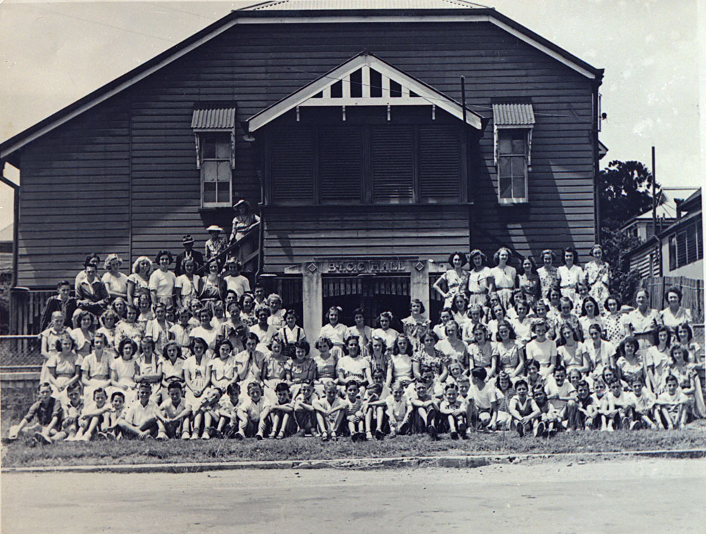 Blackstone Ipswich Cambrian Junior Choir in front of the Cambrian Hall on South Street, Ipswich, 1960s