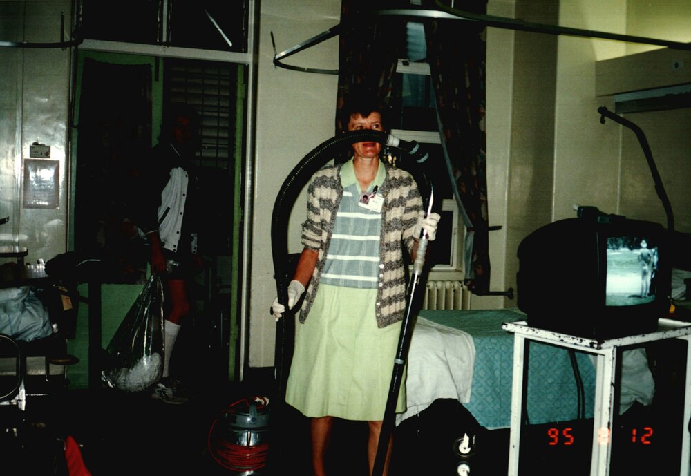 Unidentified cleaners in medical ward, Ipswich Hospital, Ipswich, August 1995