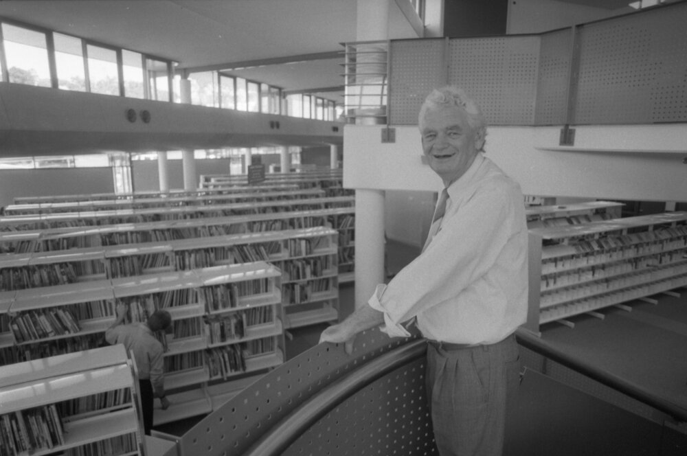 Mayor John Nugent standing on the interior stairs of the South Street Ipswich City Council Library, Ipswich, March 1995