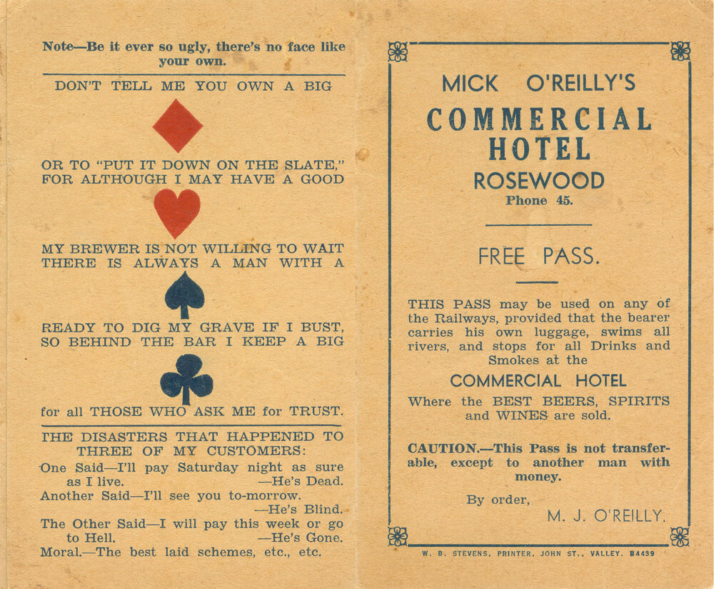 Free pass to Mick O'Reillys Commercial Hotel, Rosewood, Ipswich, 1940-1946