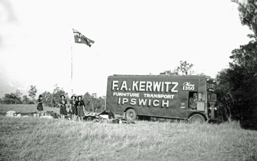 Removalist truck used by Ipswich girl guides for transporting camping equipment, Rosewood, 1951