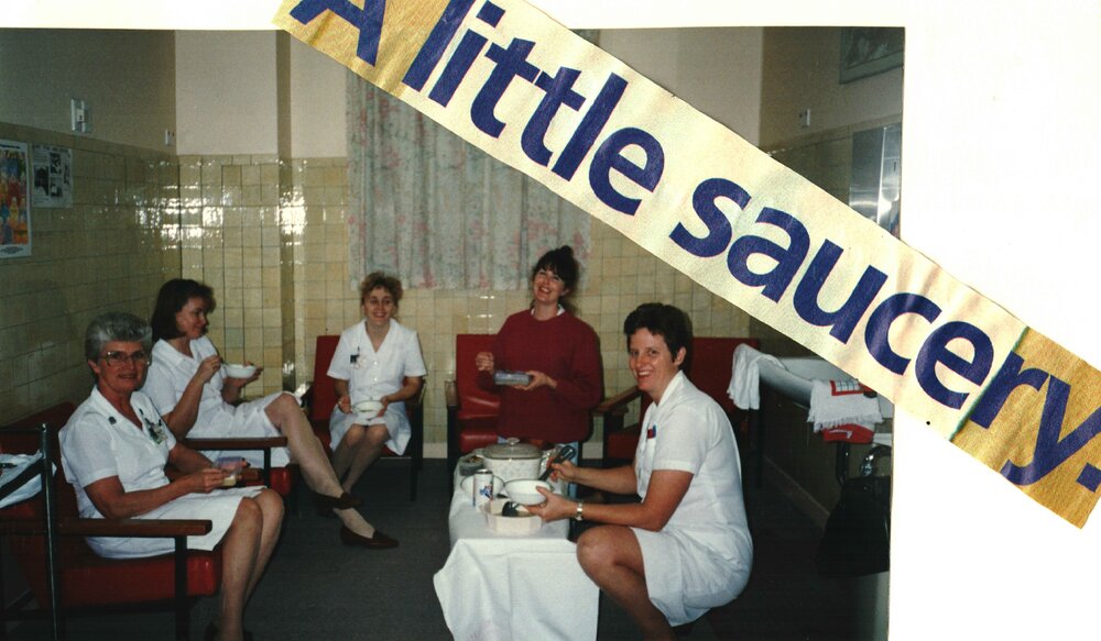 MIDWIFERY Scrapbook 1991 TO 1998, 5 staff sharing a meal, c1994