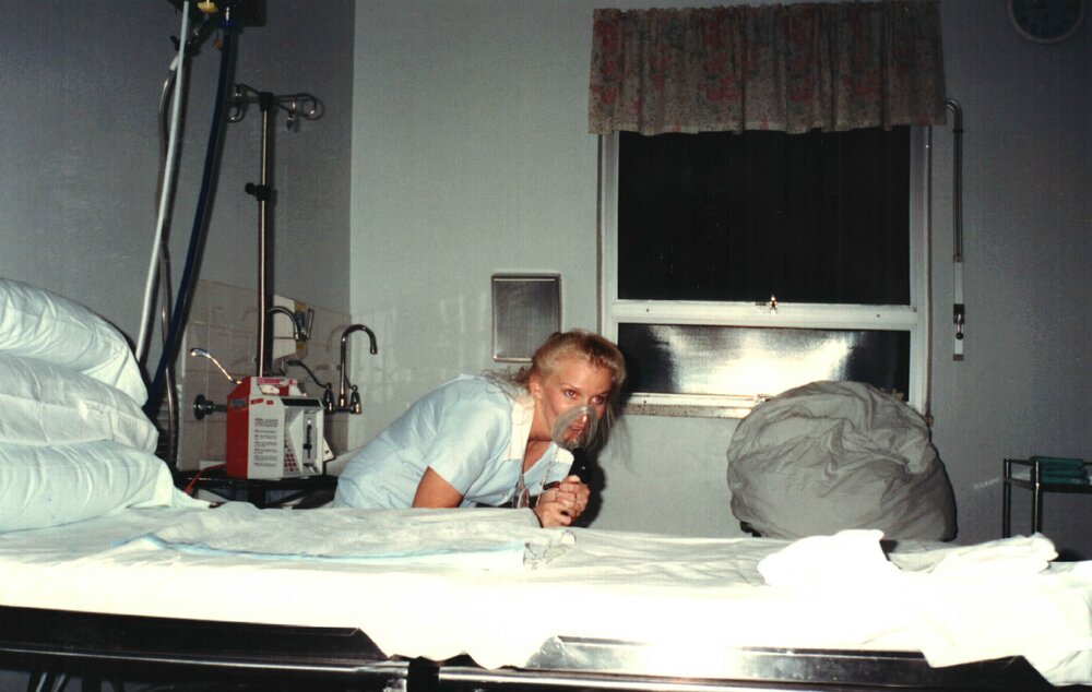 MIDWIFERY Scrapbook 1991 TO 1998, Nurse with mask at bed 1993