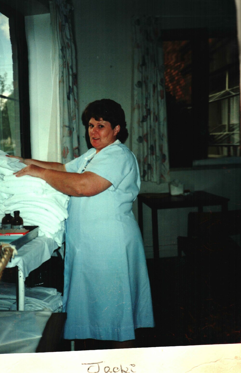 MIDWIFERY Scrapbook 1991 TO 1998, Jacki with linen 1993.