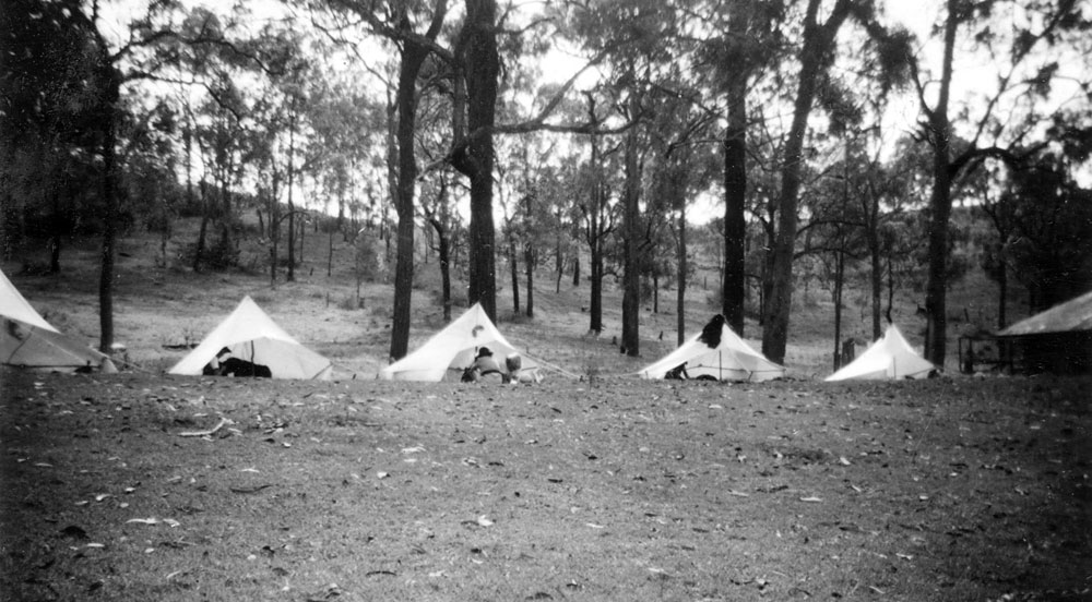Campsite of girl guides from Ipswich and Rosewood at Allawah Scout Camp, Chuwar, Ipswich, 1956