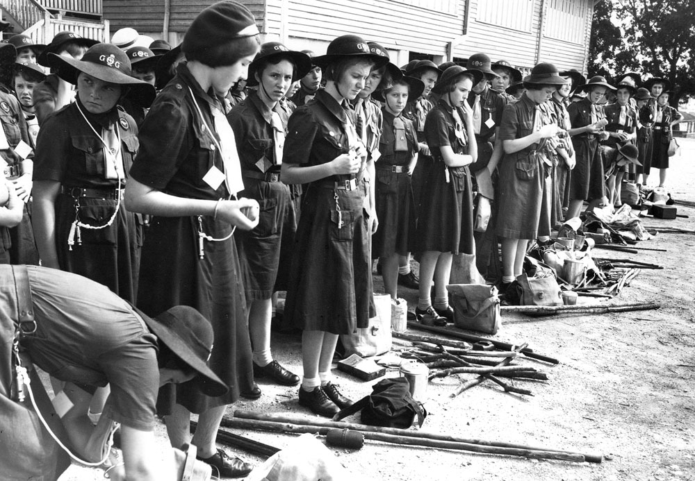 Girl Guides preparing for part of Mavis Parkinson Shield, Ipswich, 1952